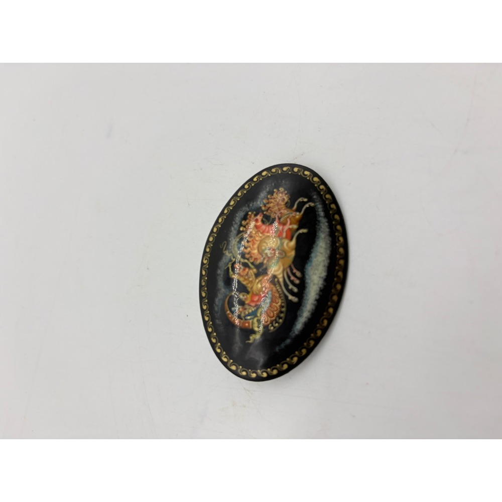 Vintage Russian Lacquer Brooch Mstera Hand Painted Troika Horse Sleigh Pin